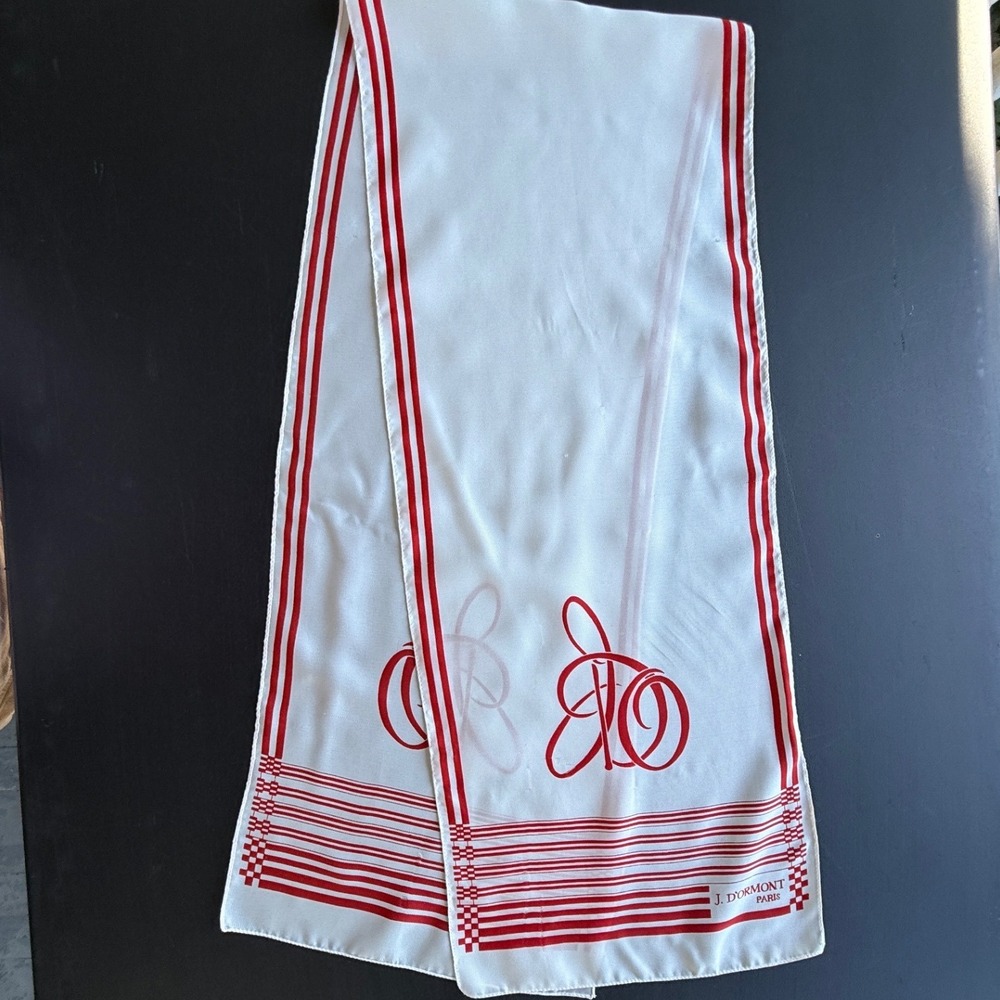 J. Dormont Paris Silk Scarf White Red Graphic Logo Stripe Oblong 55x10.5
